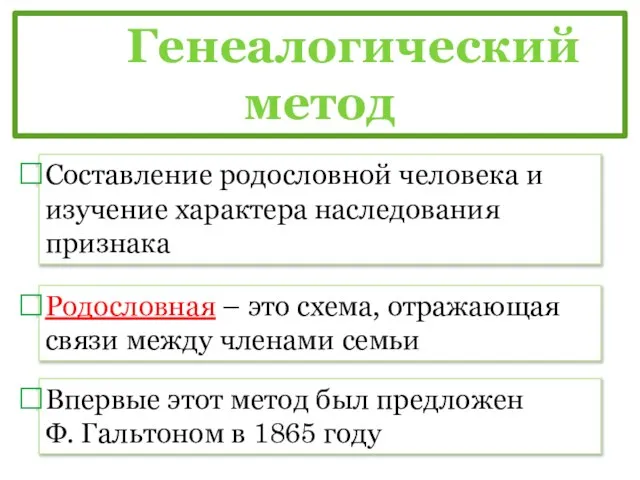 Генеалогический метод Составление родословной человека и изучение характера наследования признака Родословная