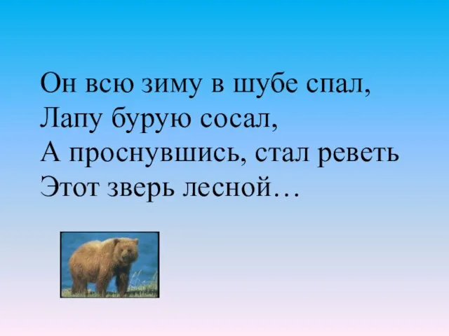 Он всю зиму в шубе спал, Лапу бурую сосал, А проснувшись, стал реветь Этот зверь лесной…