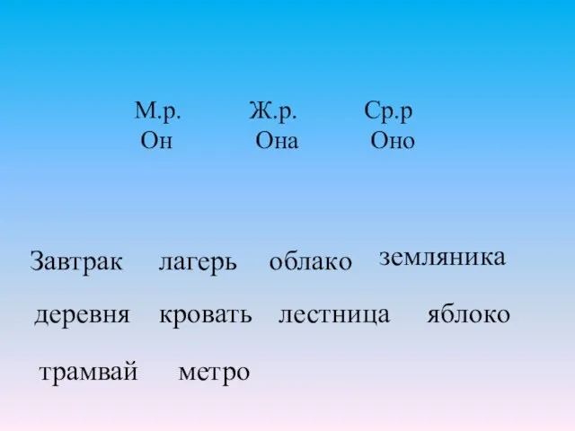 М.р. Ж.р. Ср.р Он Она Оно лагерь Завтрак облако земляника деревня кровать лестница яблоко трамвай метро