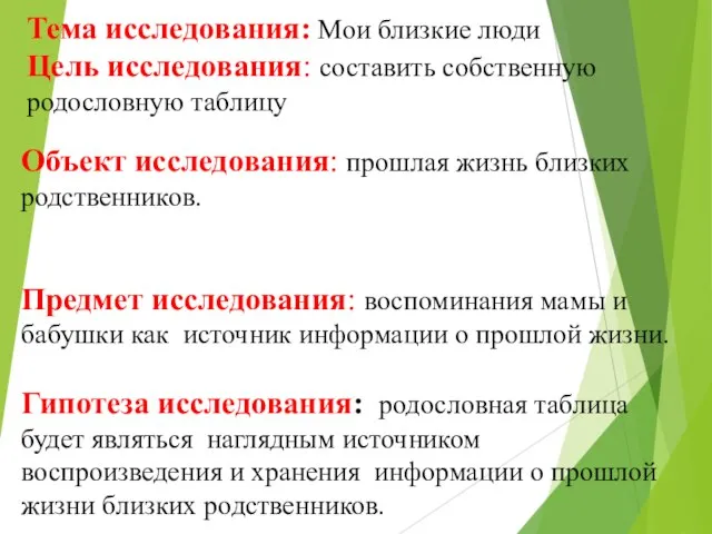 Тема исследования: Мои близкие люди Цель исследования: составить собственную родословную таблицу