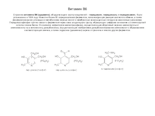 Витамин В6 Строение витамина В6 (адермина), объединяющего группу соединений – пиридоксин,