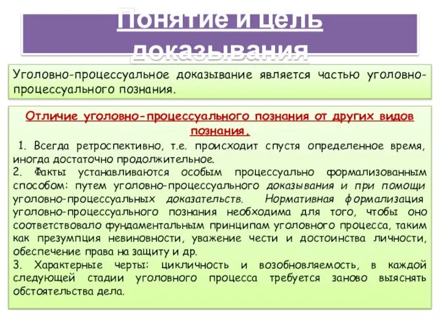 Понятие и цель доказывания Уголовно-процессуальное доказывание является частью уголовно-процессуального познания. Отличие