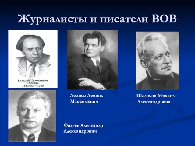 Журналисты и писатели ВОВ Леонов Леонид Максимович Шолохов Михаил Александрович Фадеев Александр Александрович