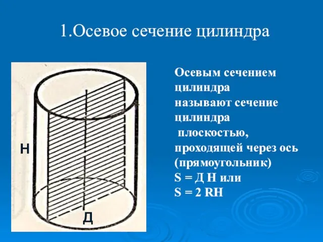 1.Осевое сечение цилиндра Осевым сечением цилиндра называют сечение цилиндра плоскостью, проходящей