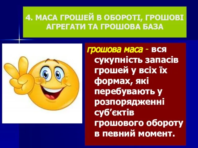 4. МАСА ГРОШЕЙ В ОБОРОТІ, ГРОШОВІ АГРЕГАТИ ТА ГРОШОВА БАЗА грошова