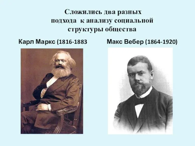 Сложились два разных подхода к анализу социальной структуры общества Карл Маркс (1816-1883 Макс Вебер (1864-1920)