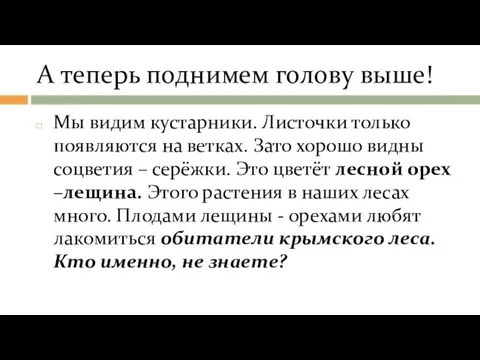 А теперь поднимем голову выше! Мы видим кустарники. Листочки только появляются