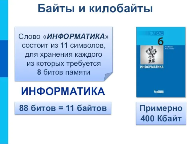 Байты и килобайты Слово «ИНФОРМАТИКА» состоит из 11 символов, для хранения