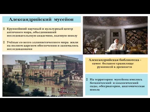 Александрийский мусейон Крупнейший научный и культурный центр античного мира, объединивший исследовательскую