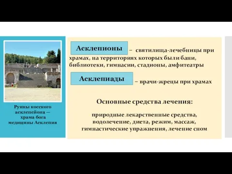 Асклепионы – святилища-лечебницы при храмах, на территориях которых были бани, библиотеки,