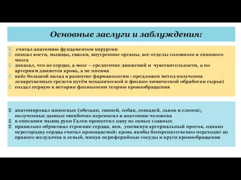 Основные заслуги и заблуждения: считал анатомию фундаментом хирургии описал кости, мышцы,