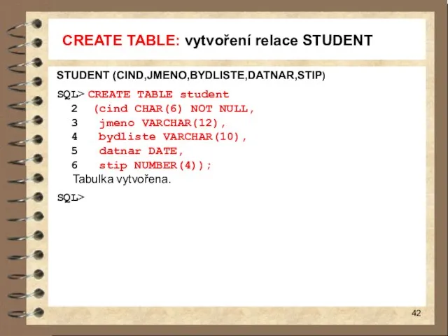 CREATE TABLE: vytvoření relace STUDENT STUDENT (CIND,JMENO,BYDLISTE,DATNAR,STIP) SQL> CREATE TABLE student