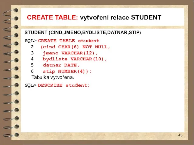 CREATE TABLE: vytvoření relace STUDENT STUDENT (CIND,JMENO,BYDLISTE,DATNAR,STIP) SQL> CREATE TABLE student