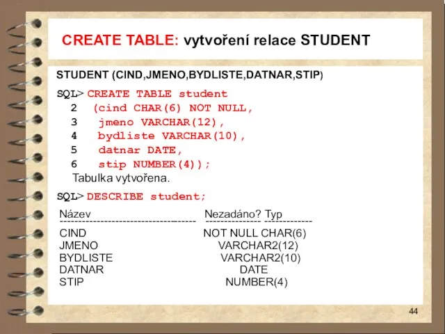 CREATE TABLE: vytvoření relace STUDENT STUDENT (CIND,JMENO,BYDLISTE,DATNAR,STIP) SQL> CREATE TABLE student