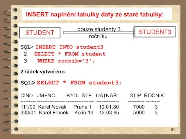 INSERT naplnění tabulky daty ze staré tabulky: SQL> INSERT INTO student3