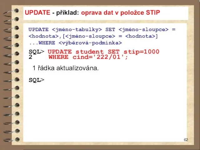 UPDATE - příklad: oprava dat v položce STIP UPDATE SET =