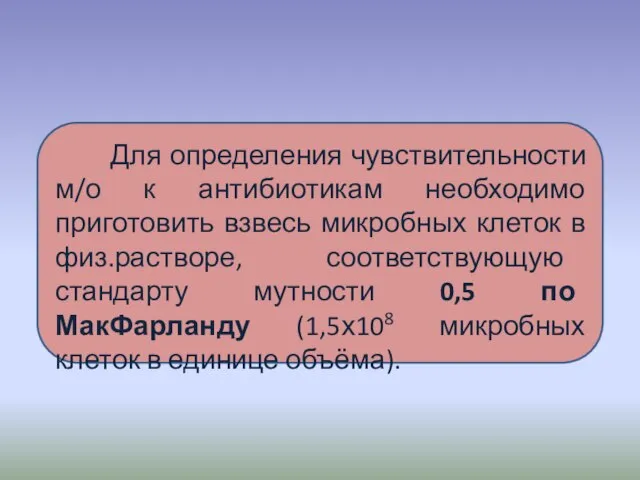 Для определения чувствительности м/о к антибиотикам необходимо приготовить взвесь микробных клеток