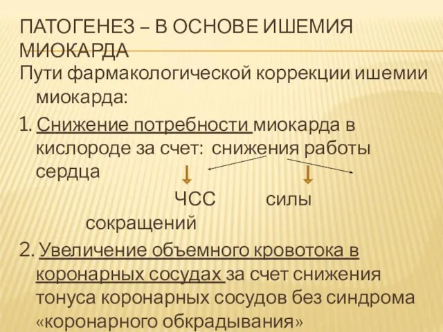 ПАТОГЕНЕЗ – В ОСНОВЕ ИШЕМИЯ МИОКАРДА Пути фармакологической коррекции ишемии миокарда: