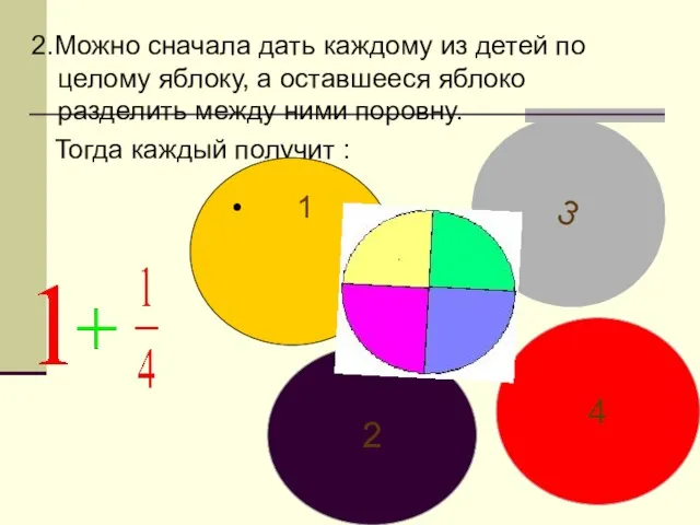 2.Можно сначала дать каждому из детей по целому яблоку, а оставшееся