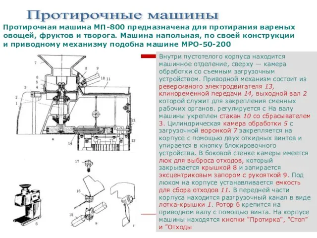 Протирочные машины Протирочная машина МП-800 предназначена для протирания вареных овощей, фруктов