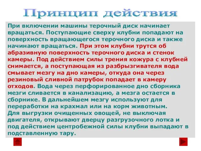 При включении машины терочный диск начинает вращаться. Поступающие сверху клубни попадают