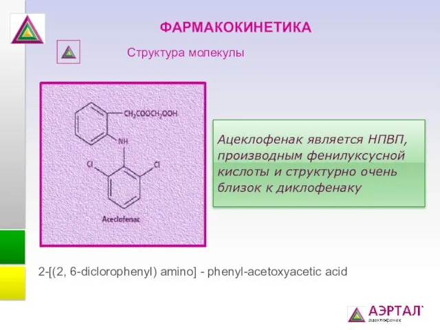 2-[(2, 6-diclorophenyl) amino] - phenyl-acetoxyacetic acid ФАРМАКОКИНЕТИКА Структура молекулы Ацеклофенак является