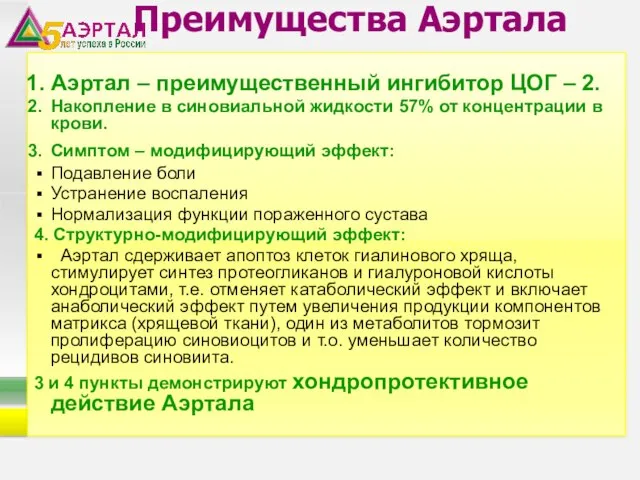 Преимущества Аэртала Аэртал – преимущественный ингибитор ЦОГ – 2. Накопление в