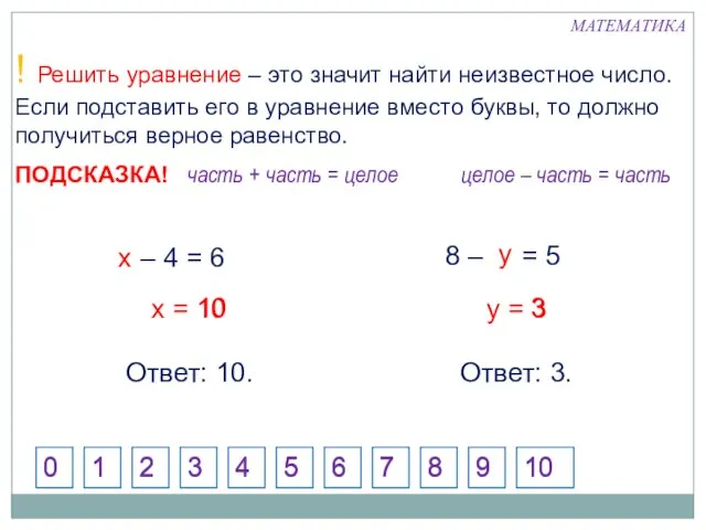 ! Решить уравнение – это значит найти неизвестное число. Если подставить