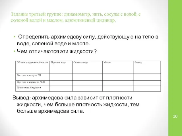 Задание третьей группе: динамометр, нить, сосуды с водой, с соленой водой