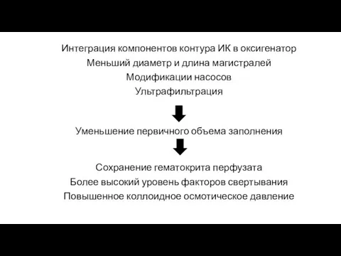 Интеграция компонентов контура ИК в оксигенатор Меньший диаметр и длина магистралей