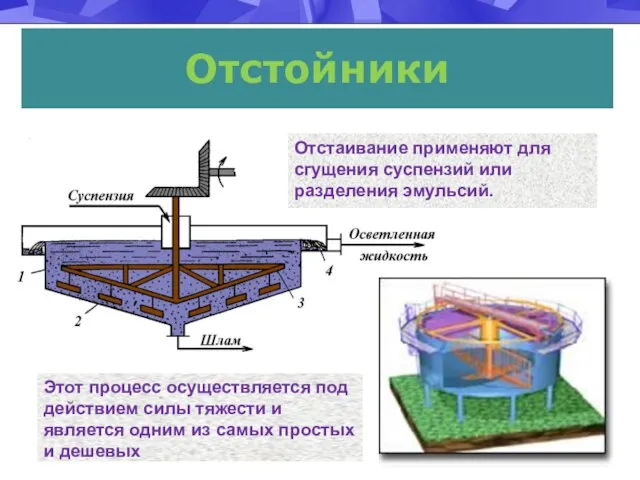 Отстойники Отстаивание применяют для сгущения суспензий или разделения эмульсий. Этот процесс