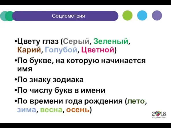 Социометрия Цвету глаз (Серый, Зеленый, Карий, Голубой, Цветной) По букве, на