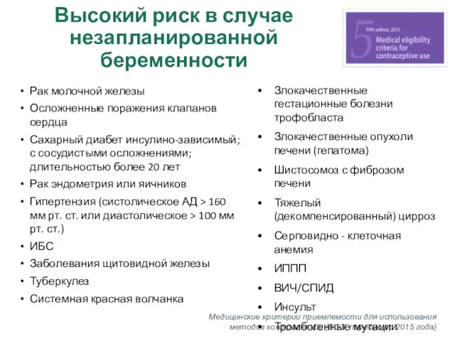 Высокий риск в случае незапланированной беременности Рак молочной железы Осложненные поражения