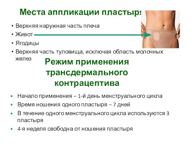 Места аппликации пластыря Верхняя наружная часть плеча Живот Ягодицы Верхняя часть