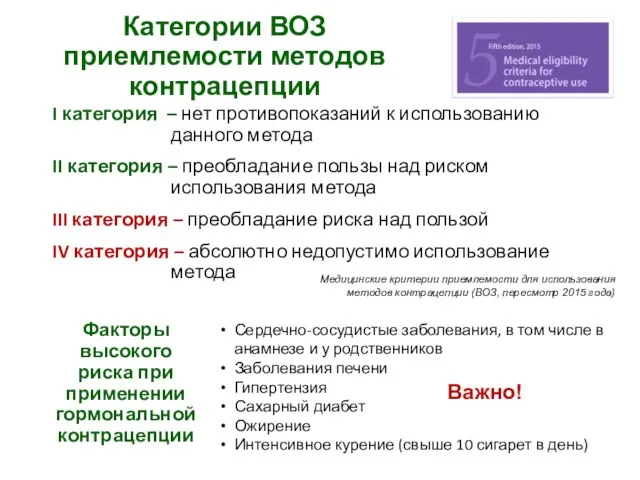 Категории ВОЗ приемлемости методов контрацепции I категория – нет противопоказаний к