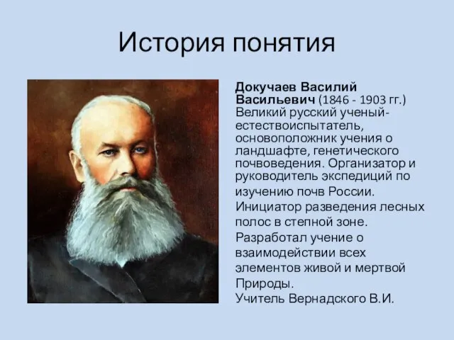 История понятия Докучаев Василий Васильевич (1846 - 1903 гг.) Великий русский