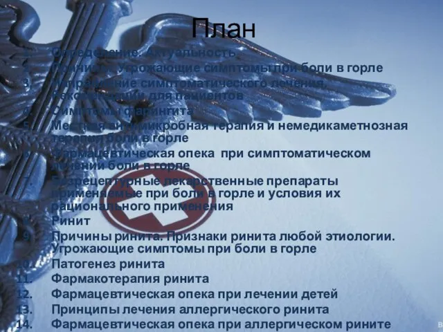 План Определение. Актуальность Причины. Угрожающие симптомы при боли в горле Направление