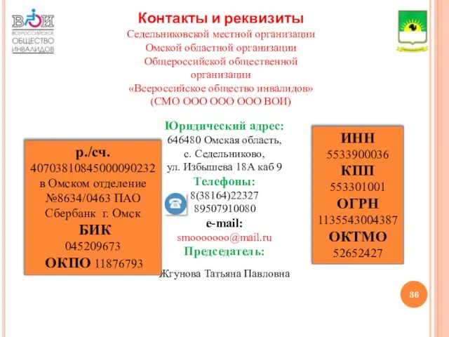 Контакты и реквизиты Седельниковской местной организации Омской областной организации Общероссийской общественной