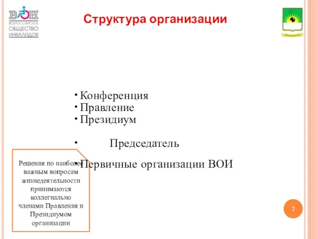 Структура организации Первичные организации ВОИ Конференция Правление Президиум Председатель Первичные организации