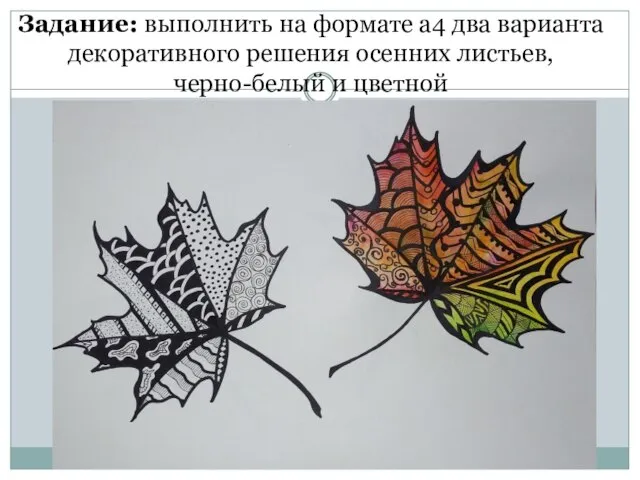 Задание: выполнить на формате а4 два варианта декоративного решения осенних листьев, черно-белый и цветной