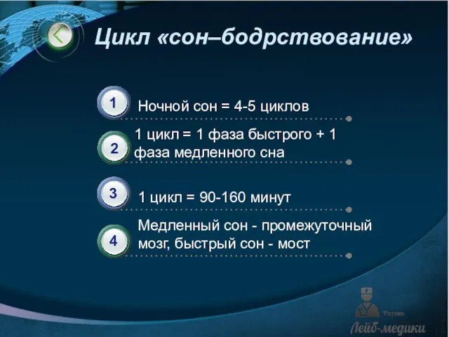 Цикл «сон–бодрствование» Ночной сон = 4-5 циклов 1 цикл = 1