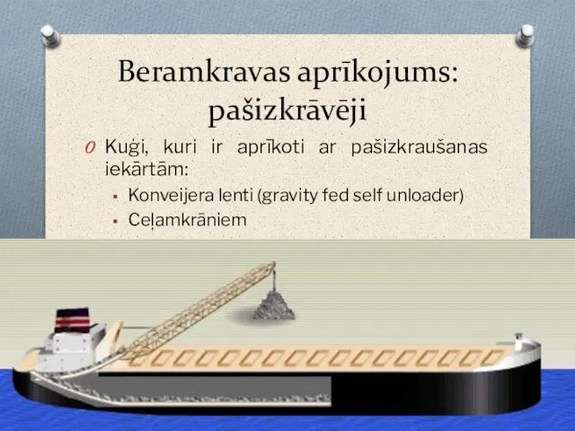 Beramkravas aprīkojums: pašizkrāvēji Kuģi, kuri ir aprīkoti ar pašizkraušanas iekārtām: Konveijera