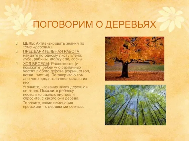 ПОГОВОРИМ О ДЕРЕВЬЯХ ЦЕЛЬ: Активизировать знания по теме «деревья». ПРЕДВАРИТЕЛЬНАЯ РАБОТА: