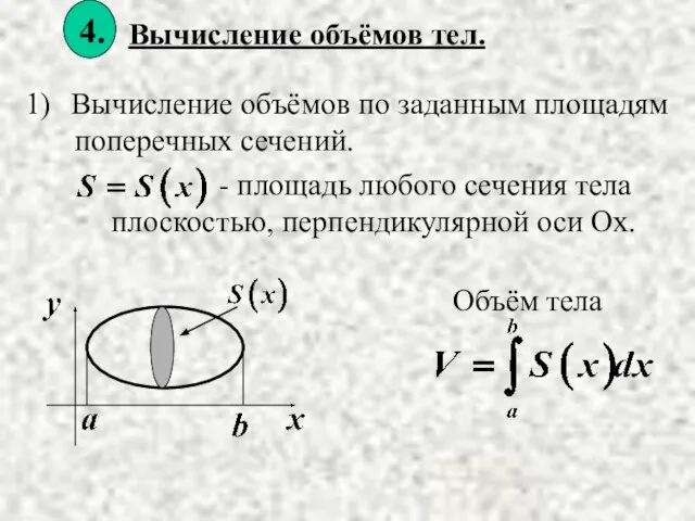 - площадь любого сечения тела плоскостью, перпендикулярной оси Оx. Вычисление объёмов