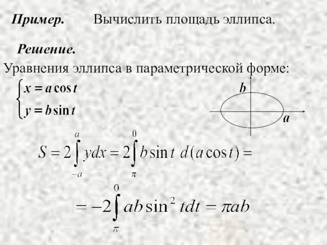 Вычислить площадь эллипса. Пример. Решение. Уравнения эллипса в параметрической форме: