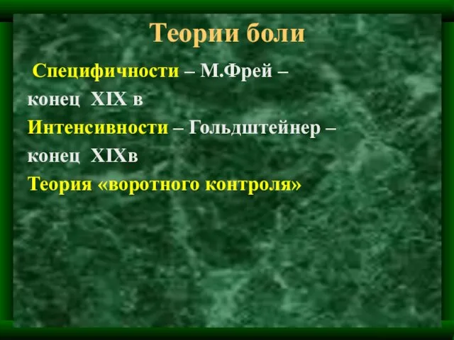 Теории боли Специфичности – М.Фрей – конец XIX в Интенсивности –