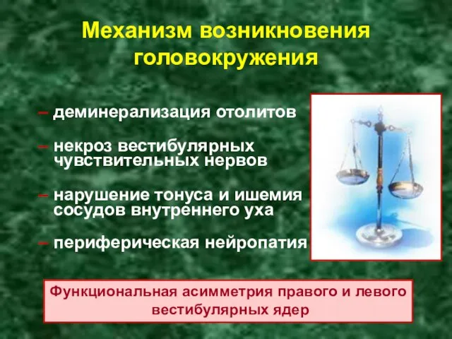 Механизм возникновения головокружения деминерализация отолитов некроз вестибулярных чувствительных нервов нарушение тонуса