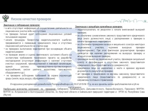 Низкое качество проверок Замечания к содержанию проверок: в акте отсутствует информация