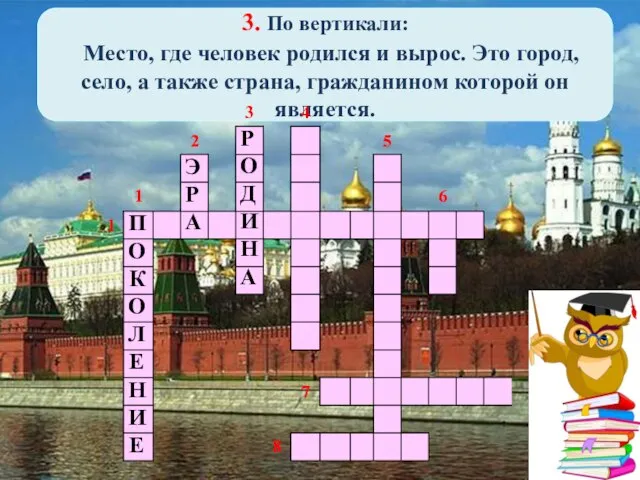 3. По вертикали: Место, где человек родился и вырос. Это город,