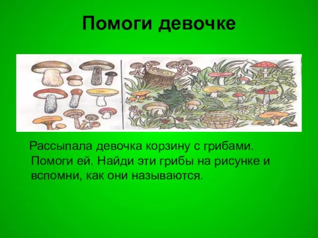 Помоги девочке Рассыпала девочка корзину с грибами. Помоги ей. Найди эти